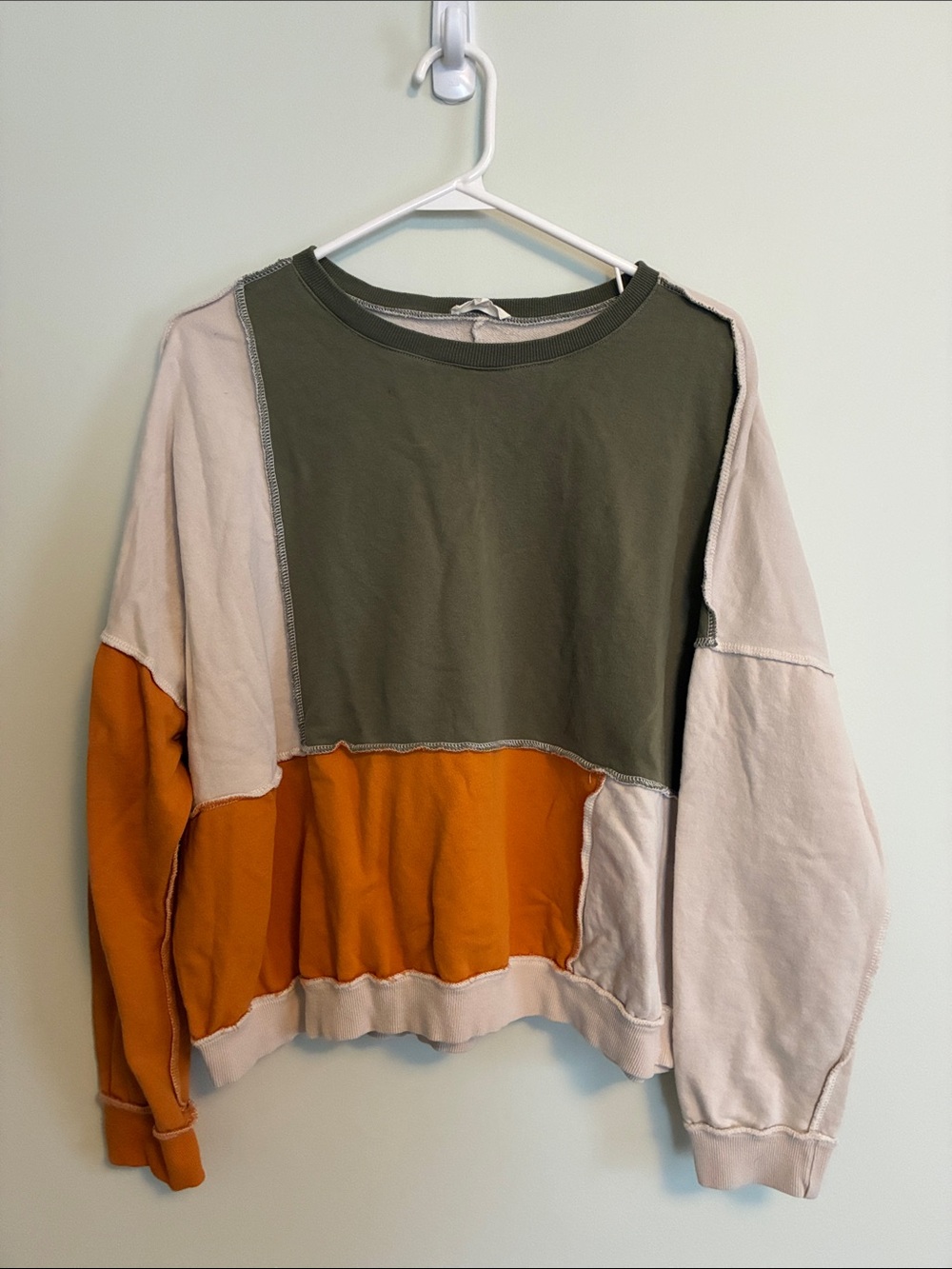 Colorblock Crewneck Sweatshirt in Olive, Orange & Cream